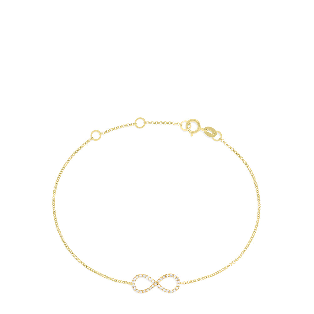 The Novelty 14K Yellow Gold Diamond Infinity Bracelet, 0.12 TCW, features a delicate infinity symbol with sparkling diamonds and a secure lobster clasp—a timeless piece from Effy Jewelry.