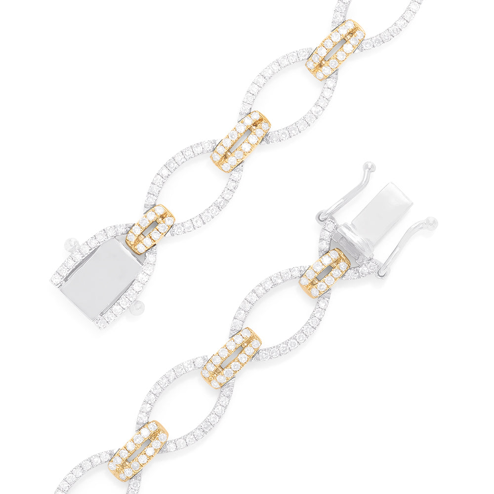 The Duo 14K White and Yellow Gold Diamond Chain Link Tennis Bracelet, 2.01 TCW, features alternating gold and silver oval links with sparkling diamonds, displayed elegantly on a white background.