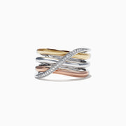 The Trio Sterling Silver & 14K Gold Diamond Crossover Ring, 0.07 TCW, features intertwined bands of sterling silver and 14K gold with sparkling diamonds on one band for a modern, elegant look.