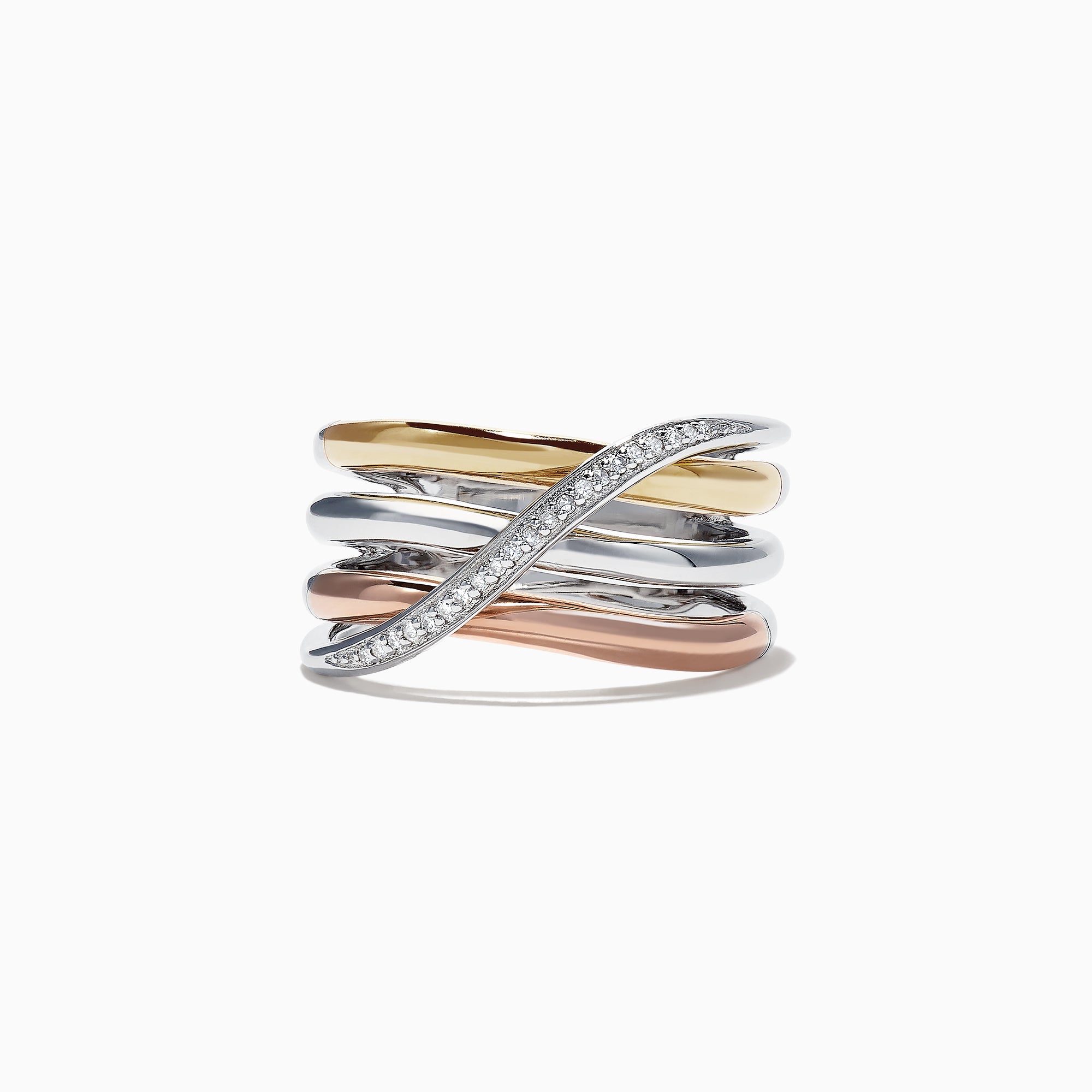 The Trio Sterling Silver & 14K Gold Diamond Crossover Ring, 0.07 TCW, features intertwined bands of sterling silver and 14K gold with sparkling diamonds on one band for a modern, elegant look.
