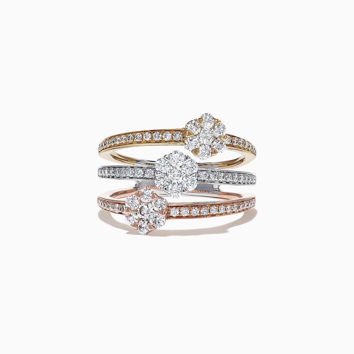 The Trio 14K Tri Tone Gold Split Band Diamond Flower Ring, 1.04 TCW, features stacked bands of gold set with round center diamonds and sparkling accents, creating a dazzling diamond flower effect.