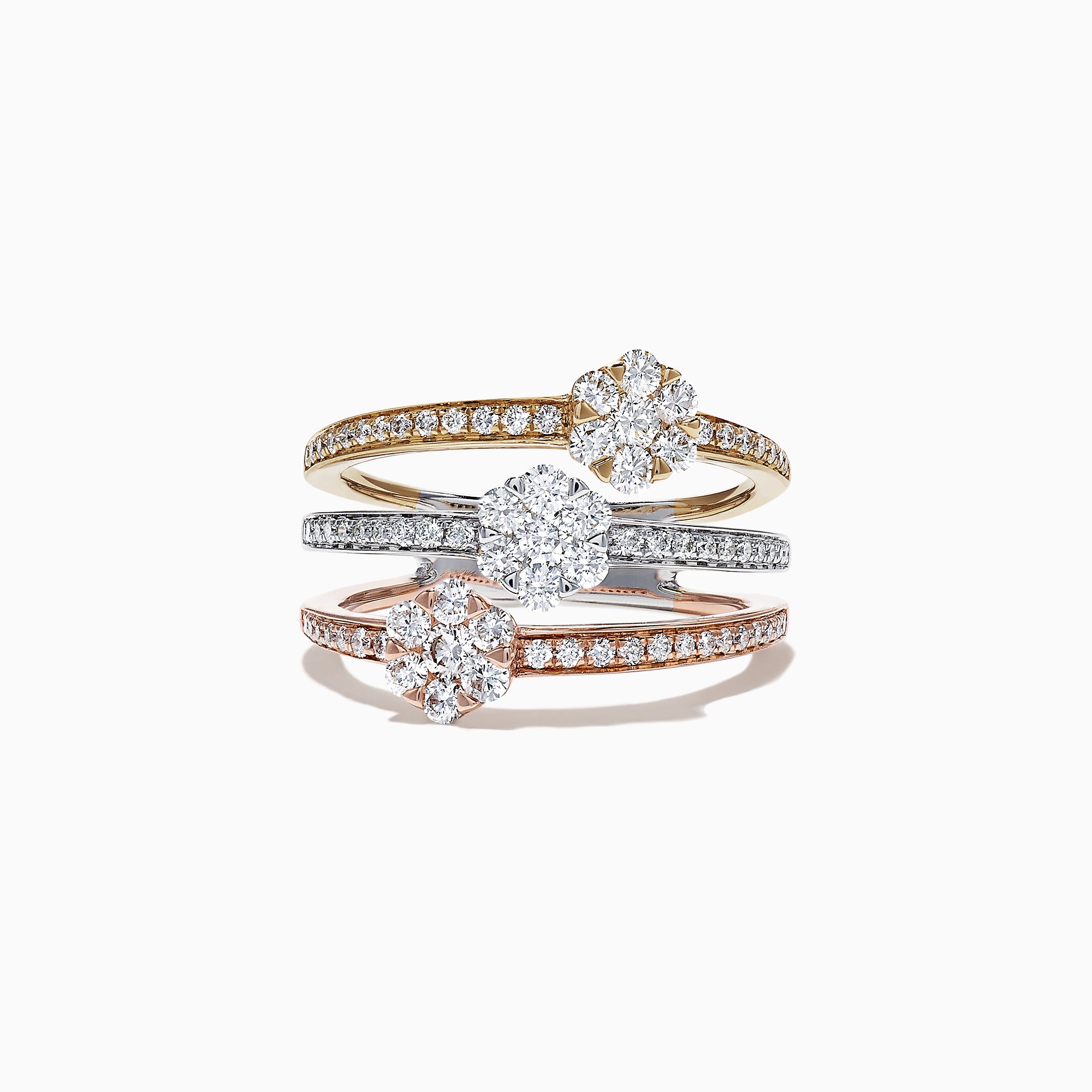 The Trio 14K Tri Tone Gold Split Band Diamond Flower Ring, 1.04 TCW, features stacked bands of gold set with round center diamonds and sparkling accents, creating a dazzling diamond flower effect.