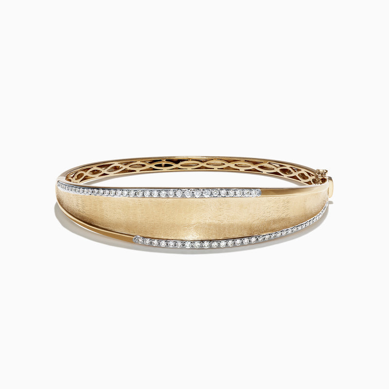 The DOro 14K Brushed Yellow Gold Diamond Bangle, 0.77 TCW, features two diagonal rows of white diamonds and an inner cutout pattern, crafted in elegant brushed gold for a signature Effy DOro look.