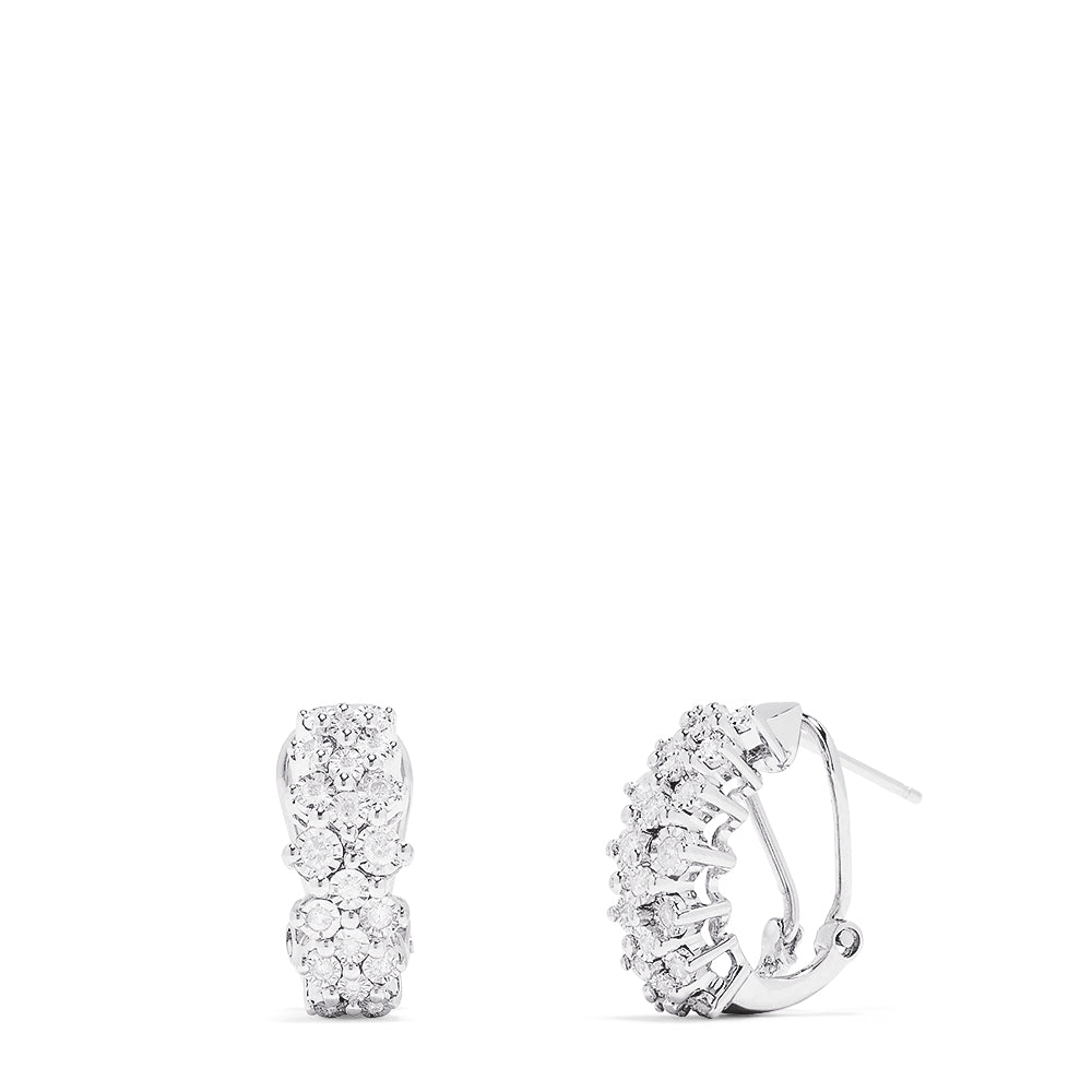 A pair of 925 sterling silver diamond earrings, featuring three rows of sparkling round diamonds totaling 0.33 TCW, shown against a plain white background.