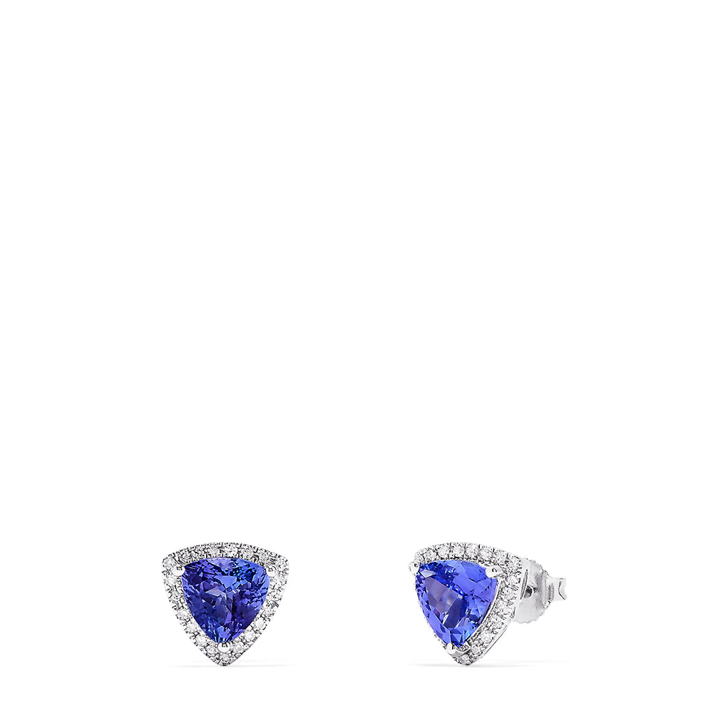 Nahla Siri 14K Gold Tanzanite & Diamond Stud Earrings, 2.34 TCW, feature triangular blue tanzanites bordered by sparkling diamonds, beautifully set and displayed against a white background.