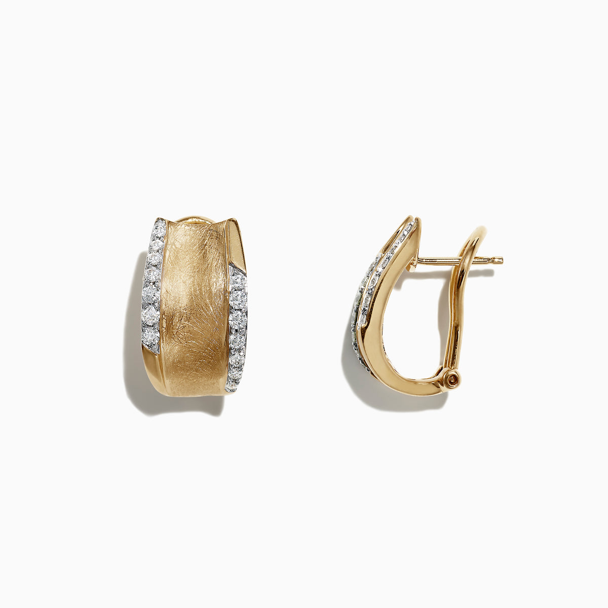 DOro 14K Yellow Gold 5/8 French Clip Diamond Earrings (0.39 TCW) feature brushed yellow gold hoops accented with a row of white diamonds along one edge—classic elegance for any occasion, shown on a plain white background.