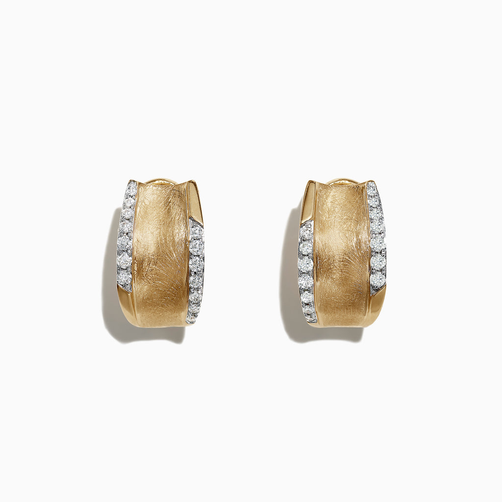 DOro 14K Yellow Gold 5/8 French Clip Diamond Earrings (0.39 TCW) feature brushed yellow gold hoops accented with a row of white diamonds along one edge—classic elegance for any occasion, shown on a plain white background.