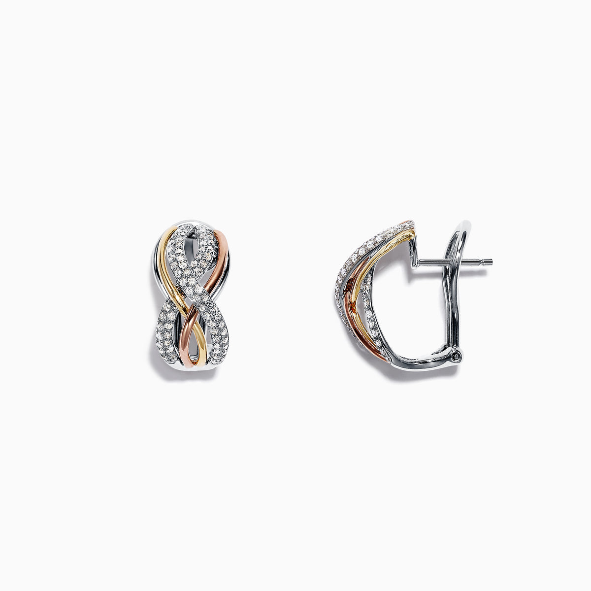 The Trio 14K Tri Color Gold 1/2 French Clip Diamond Earrings feature an elegant infinity design in silver, rose, and yellow gold tones with sparkling accents; total diamond weight is 0.55 TCW.