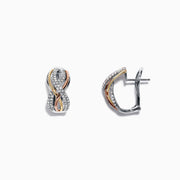 The Trio 14K Tri Color Gold 1/2 French Clip Diamond Earrings feature an elegant infinity design in silver, rose, and yellow gold tones with sparkling accents; total diamond weight is 0.55 TCW.