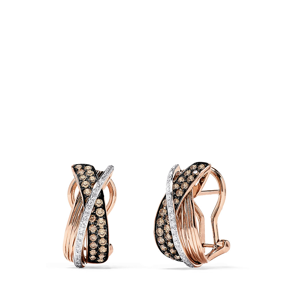 The 14K Rose Gold Espresso and White Diamond Earrings, 0.73 TCW, feature elegant crisscrossed bands—one with sparkling espresso diamonds, the other with white diamonds—for a sophisticated, modern look.