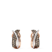 The 14K Rose Gold Espresso and White Diamond Earrings, 0.73 TCW, feature elegant crisscrossed bands—one with sparkling espresso diamonds, the other with white diamonds—for a sophisticated, modern look.