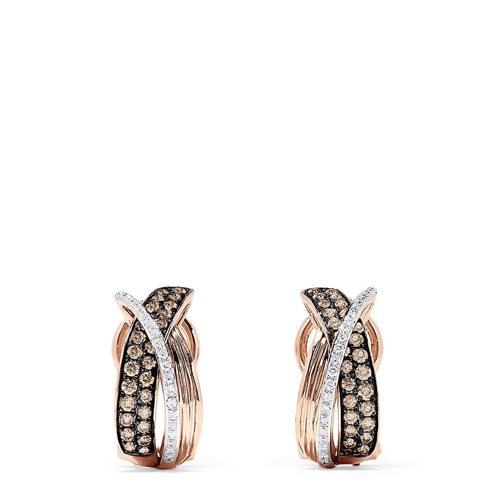 The 14K Rose Gold Espresso and White Diamond Earrings, 0.73 TCW, feature elegant crisscrossed bands—one with sparkling espresso diamonds, the other with white diamonds—for a sophisticated, modern look.