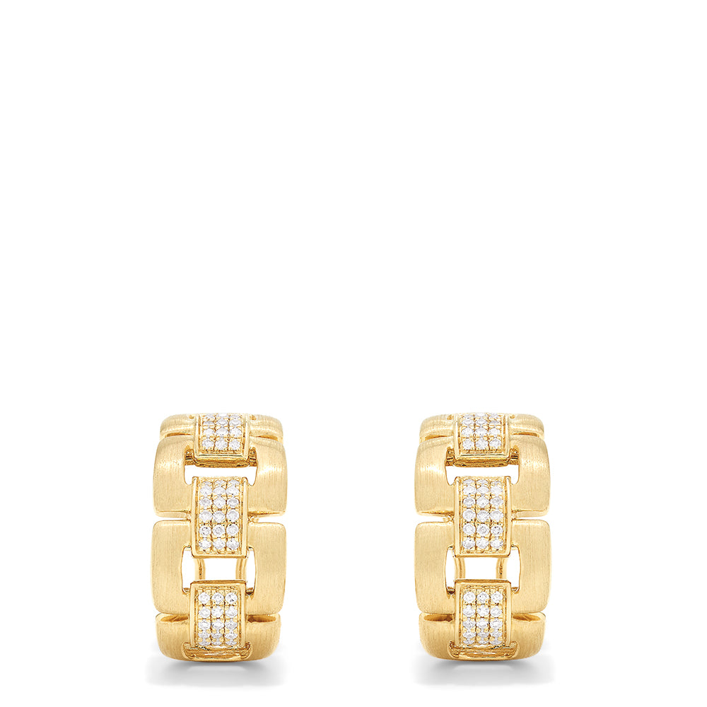 The D'Oro 14K Yellow Gold Diamond Links Earrings (0.32 TCW) feature a chunky, link-inspired design with rectangular segments and rows of sparkling diamonds, complete with a matte finish for an elegant, modern look.
