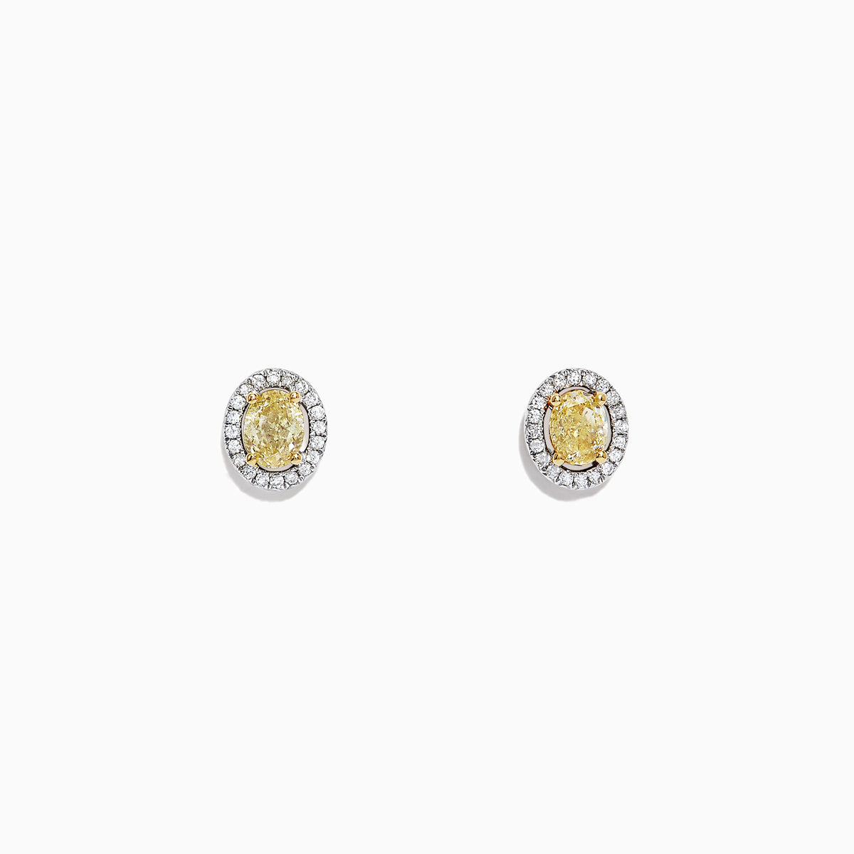 The Canare 18K Two-Tone Gold Oval Yellow Diamond Stud Earrings, 0.51 TCW, feature oval yellow diamonds with a halo of small white stones and are shown against a plain white background.