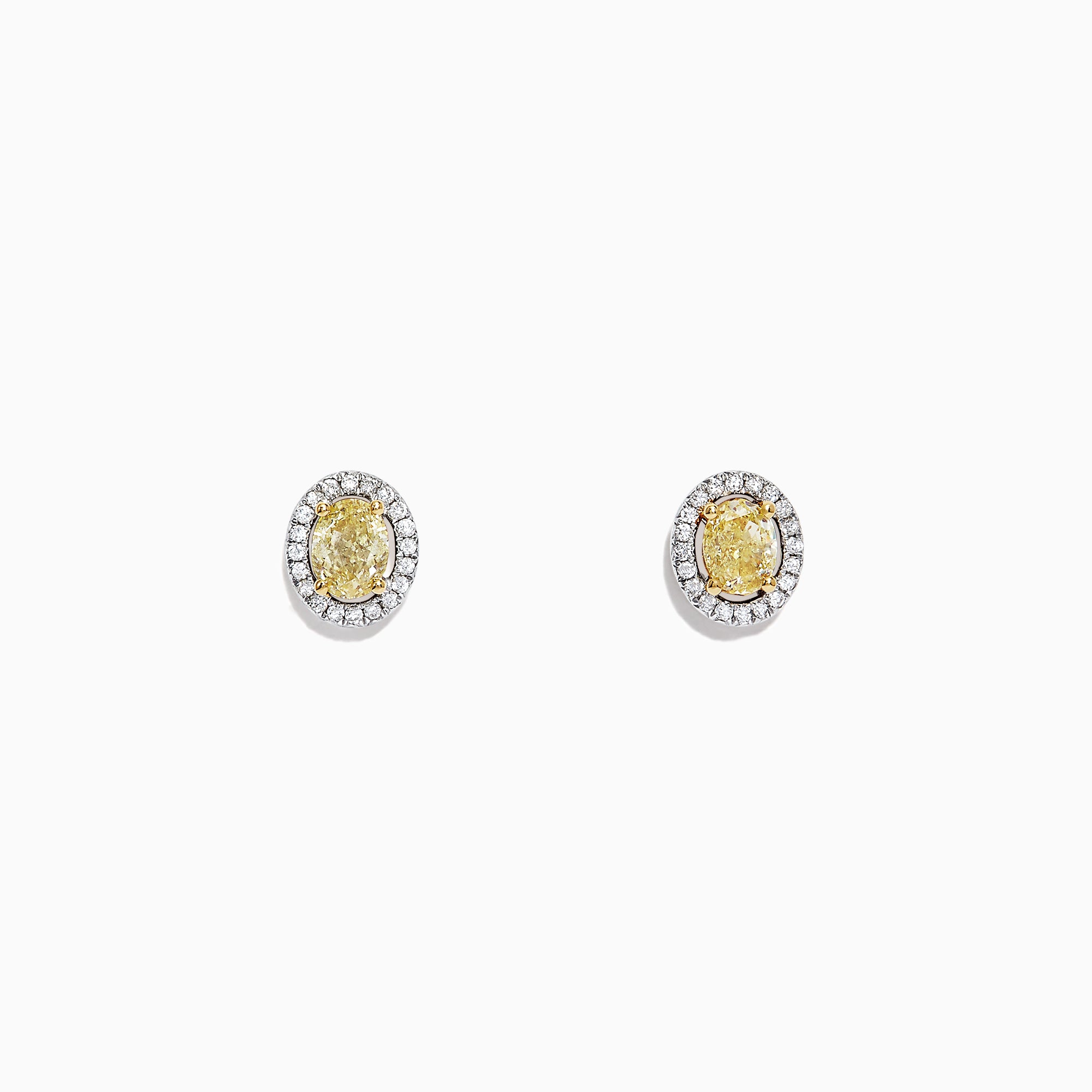 The Canare 18K Two-Tone Gold Oval Yellow Diamond Stud Earrings, 0.51 TCW, feature oval yellow diamonds with a halo of small white stones and are shown against a plain white background.