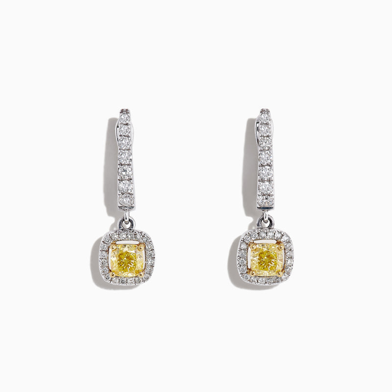 The Canare 18K Two-Tone Cushion Cut Yellow Diamond Drop Earrings (1.06 TCW) feature square yellow diamonds surrounded by clear stones, set in silver with extra clear stones along the drop. Displayed on a white background.