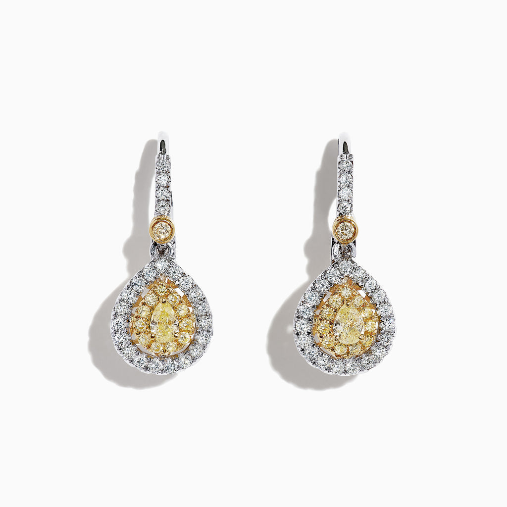 The Canare 18K Two-Tone Gold Double Halo Pear Shaped Yellow Diamond Earrings, 0.99 TCW, feature elegant teardrop-shaped yellow diamonds surrounded by double halos of white diamonds for timeless sparkle and sophistication.