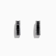 14K White Gold Black and White Diamond Hoop Earrings, 1.57 TCW, featuring black rectangular stones flanked by rows of clear round stones, are displayed on a white background.