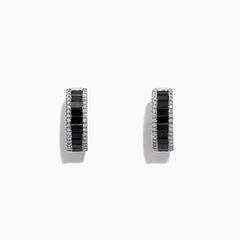 14K White Gold Black and White Diamond Hoop Earrings, 1.57 TCW, featuring black rectangular stones flanked by rows of clear round stones, are displayed on a white background.