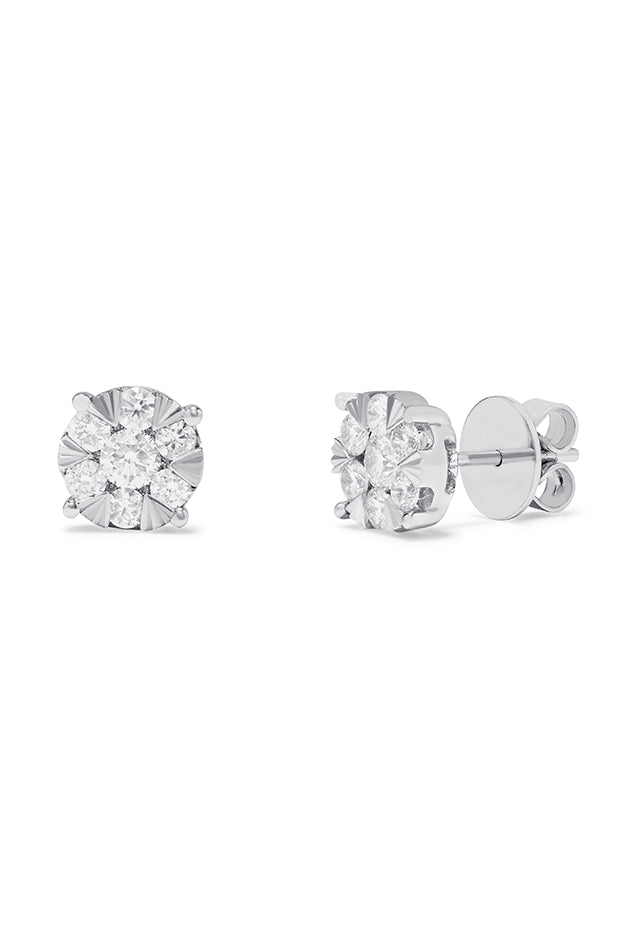 Bouquet 14K White Gold Diamond Cluster Stud Earrings, 1.14 TCW, featuring a floral design, are displayed on a plain white background.