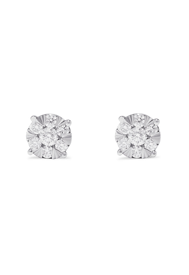 Bouquet 14K White Gold Diamond Cluster Stud Earrings, 1.14 TCW, featuring a floral design, are displayed on a plain white background.