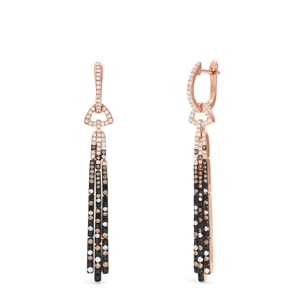 Elevate your style with these 14K Gold Black, Espresso & White Diamond Tassel Drop Earrings (1.51 TCW), featuring dangling segments and sparkling diamonds in geometric patterns for a sophisticated look.