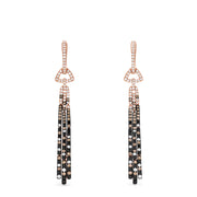 Elevate your style with these 14K Gold Black, Espresso & White Diamond Tassel Drop Earrings (1.51 TCW), featuring dangling segments and sparkling diamonds in geometric patterns for a sophisticated look.