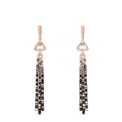 Elevate your style with these 14K Gold Black, Espresso & White Diamond Tassel Drop Earrings (1.51 TCW), featuring dangling segments and sparkling diamonds in geometric patterns for a sophisticated look.