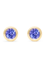 A pair of 14K Yellow Gold Tanzanite Stud Earrings, 0.91 TCW, with round faceted stones in classic bezel settings, shown on a white background.