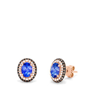 14K Rose Gold Tanzanite and Diamond Stud Earrings, 1.70 TCW, feature oval tanzanite gems accented by a double halo of sparkling diamonds and contrasting stones, shown against a white background.