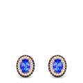 14K Rose Gold Tanzanite and Diamond Stud Earrings, 1.70 TCW, feature oval tanzanite gems accented by a double halo of sparkling diamonds and contrasting stones, shown against a white background.