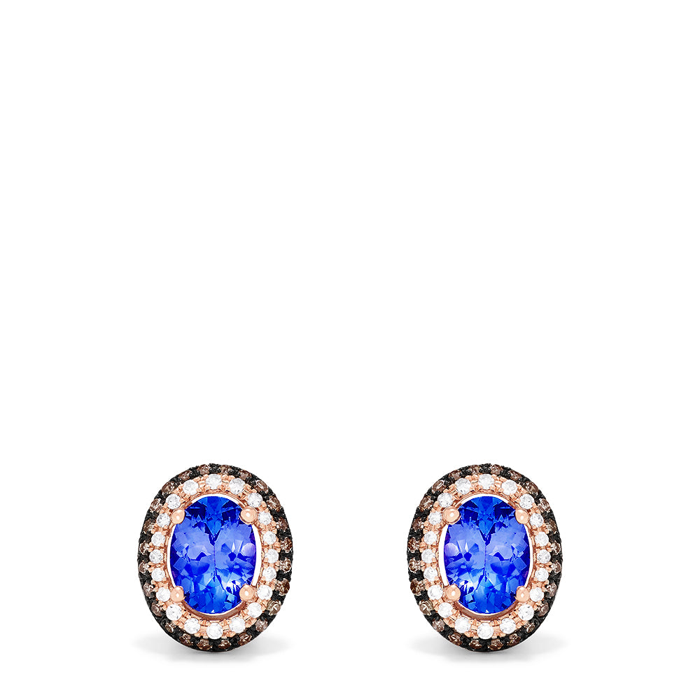 14K Rose Gold Tanzanite and Diamond Stud Earrings, 1.70 TCW, feature oval tanzanite gems accented by a double halo of sparkling diamonds and contrasting stones, shown against a white background.