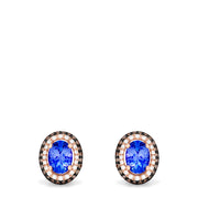14K Rose Gold Tanzanite and Diamond Stud Earrings, 1.70 TCW, feature oval tanzanite gems accented by a double halo of sparkling diamonds and contrasting stones, shown against a white background.