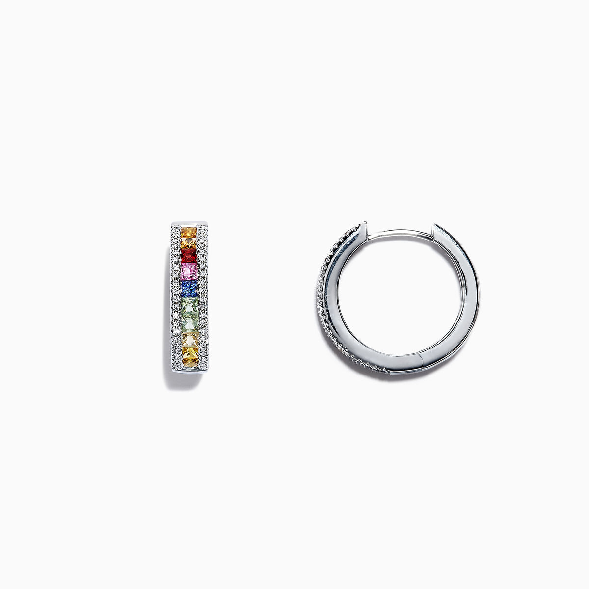 The Watercolors 14K White Gold Multi Sapphire & Diamond Hoop Earrings feature a vertical row of rainbow sapphires and diamonds, showcased against a plain white background.