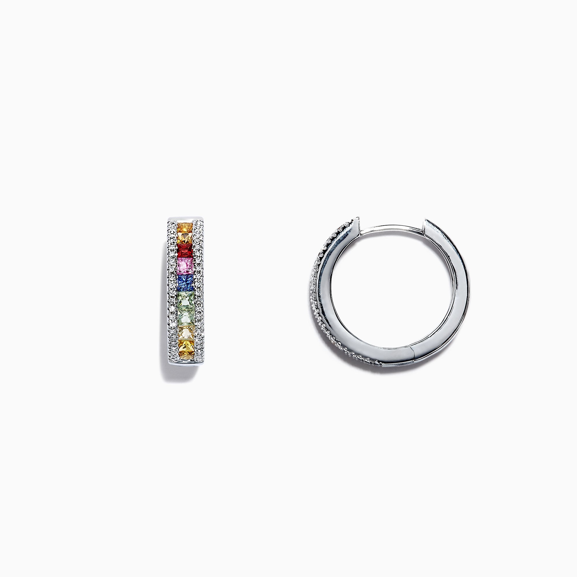 The Watercolors 14K White Gold Multi Sapphire & Diamond Hoop Earrings feature a vertical row of rainbow sapphires and diamonds, showcased against a plain white background.