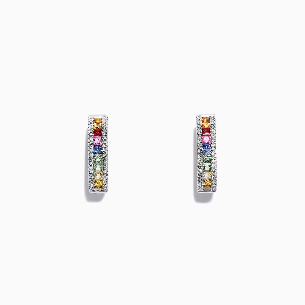 The Watercolors 14K White Gold Multi Sapphire & Diamond Hoop Earrings feature a vertical row of rainbow sapphires and diamonds, showcased against a plain white background.