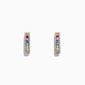 The Watercolors 14K White Gold Multi Sapphire & Diamond Hoop Earrings feature a vertical row of rainbow sapphires and diamonds, showcased against a plain white background.
