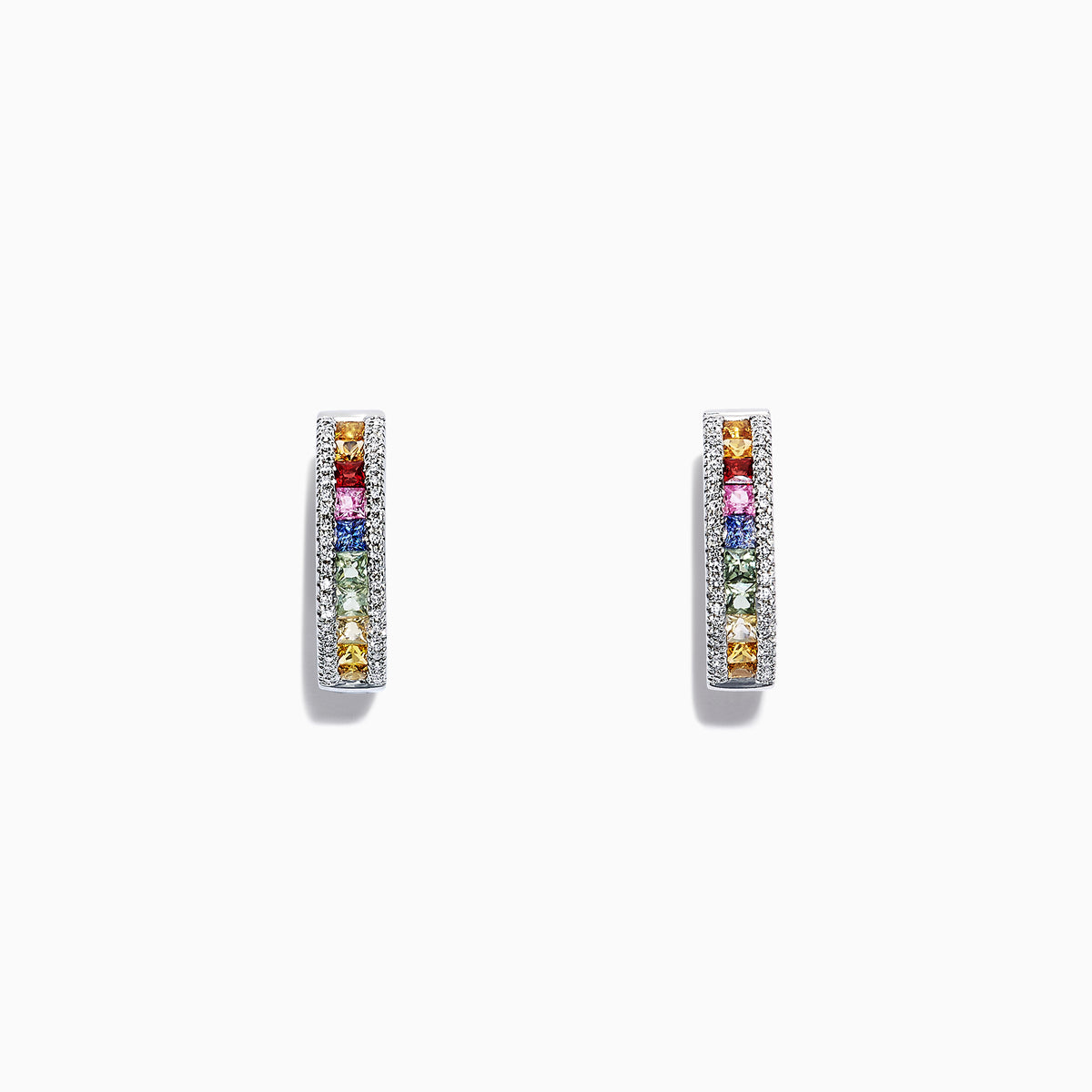 The Watercolors 14K White Gold Multi Sapphire & Diamond Hoop Earrings feature a vertical row of rainbow sapphires and diamonds, showcased against a plain white background.