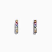 The Watercolors 14K White Gold Multi Sapphire & Diamond Hoop Earrings feature a vertical row of rainbow sapphires and diamonds, showcased against a plain white background.