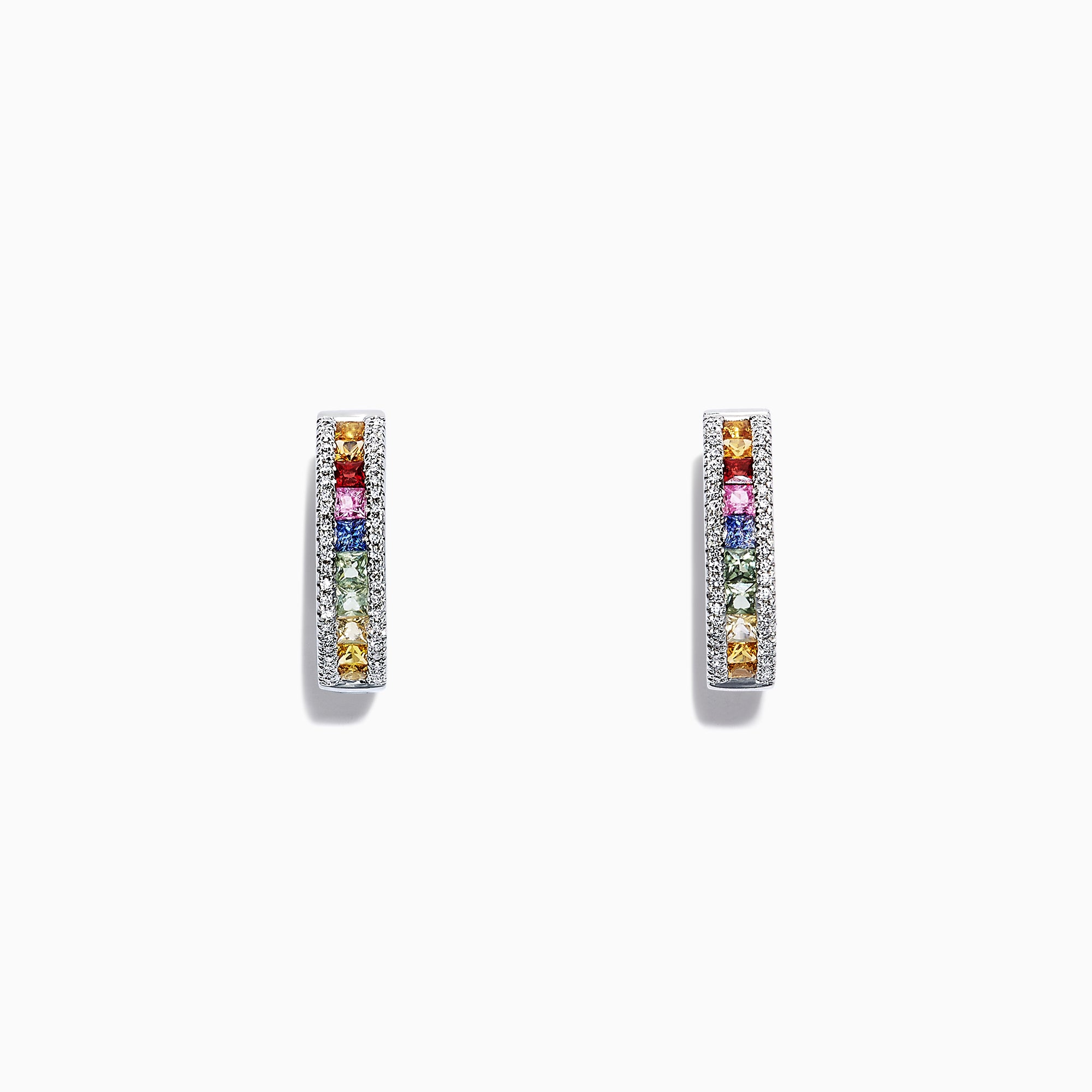 The Watercolors 14K White Gold Multi Sapphire & Diamond Hoop Earrings feature a vertical row of rainbow sapphires and diamonds, showcased against a plain white background.