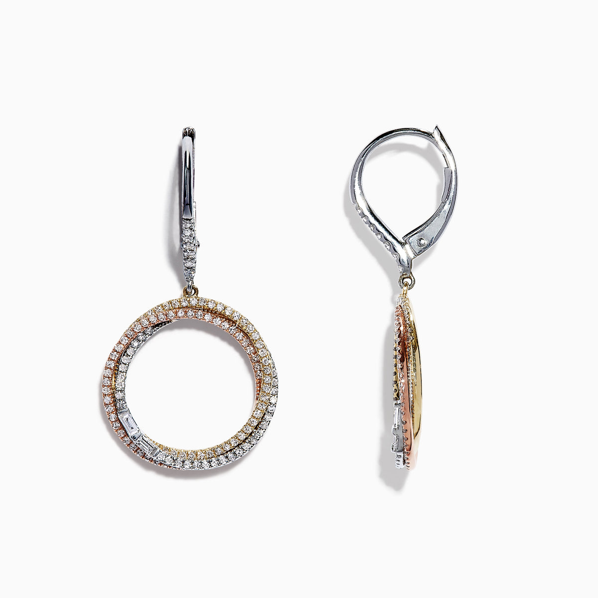 The Trio 14K Tri Color Gold Diamond Drop Earrings, 0.71 TCW, feature intertwined gold and silver hoops accented with sparkling diamonds, hanging from silver hooks. Inspired by the elegant Effy Trio collection.