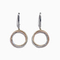 The Trio 14K Tri Color Gold Diamond Drop Earrings, 0.71 TCW, feature intertwined gold and silver hoops accented with sparkling diamonds, hanging from silver hooks. Inspired by the elegant Effy Trio collection.