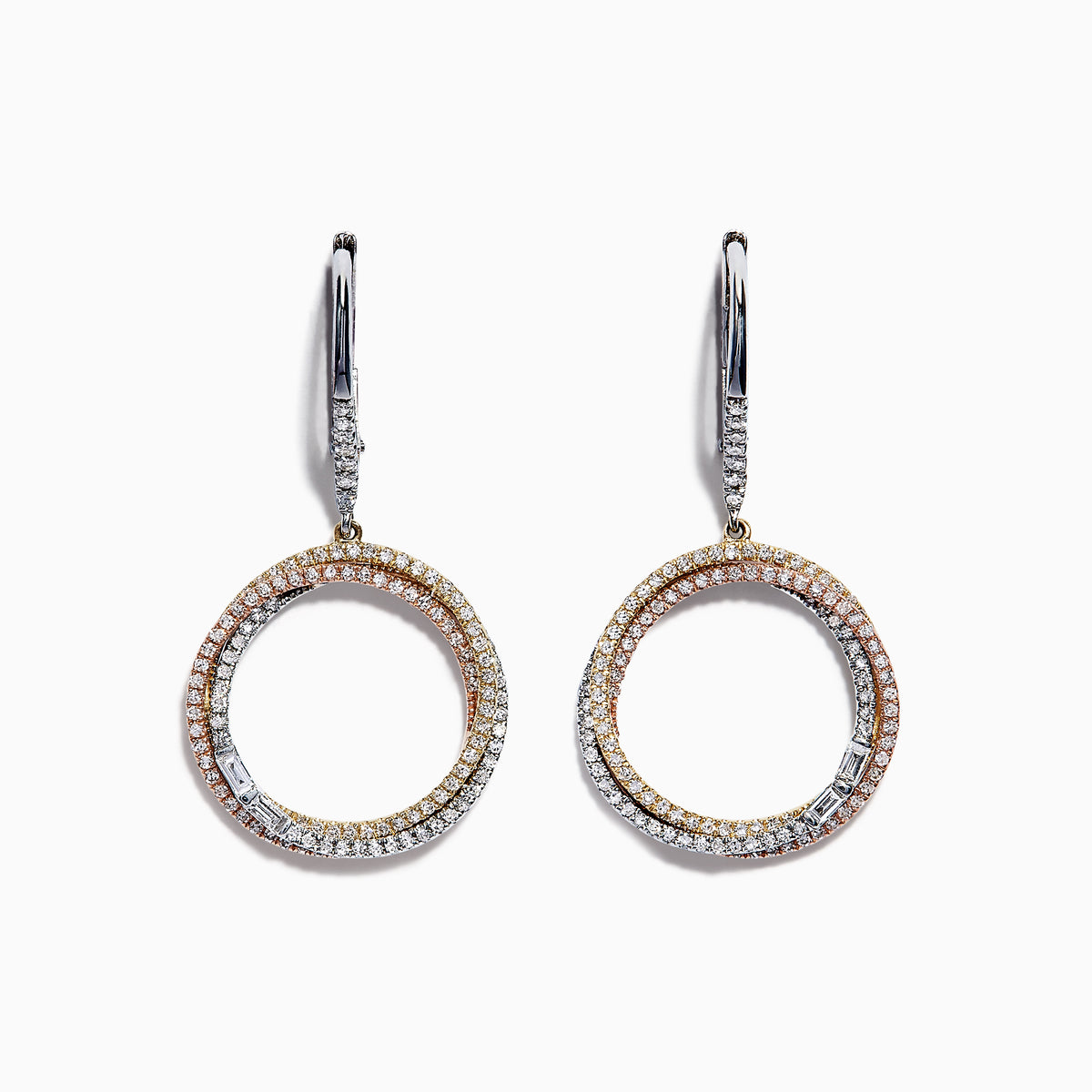 The Trio 14K Tri Color Gold Diamond Drop Earrings, 0.71 TCW, feature intertwined gold and silver hoops accented with sparkling diamonds, hanging from silver hooks. Inspired by the elegant Effy Trio collection.