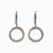 The Trio 14K Tri Color Gold Diamond Drop Earrings, 0.71 TCW, feature intertwined gold and silver hoops accented with sparkling diamonds, hanging from silver hooks. Inspired by the elegant Effy Trio collection.