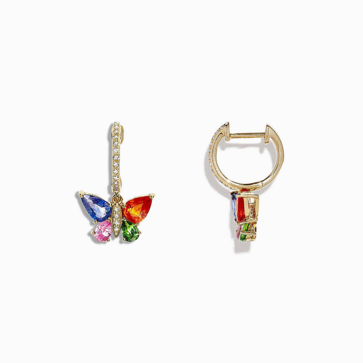 The Watercolors 14K Gold Sapphire & Diamond Butterfly Earrings (2.97 TCW) feature butterfly shapes with sapphire-blue, red, green, and pink gemstones plus clear crystals on the hooks, shown against a white background.