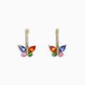 The Watercolors 14K Gold Sapphire & Diamond Butterfly Earrings (2.97 TCW) feature butterfly shapes with sapphire-blue, red, green, and pink gemstones plus clear crystals on the hooks, shown against a white background.