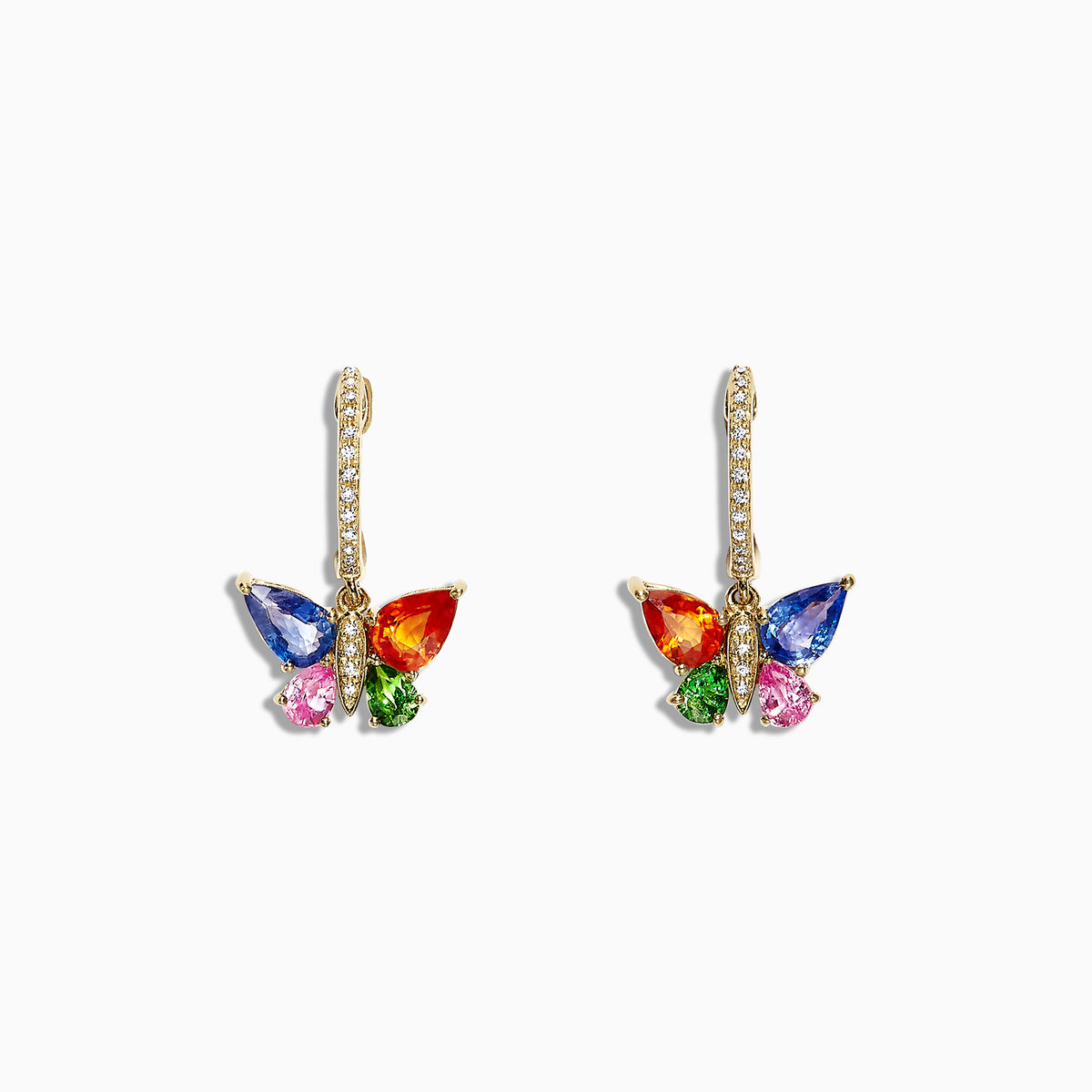 The Watercolors 14K Gold Sapphire & Diamond Butterfly Earrings (2.97 TCW) feature butterfly shapes with sapphire-blue, red, green, and pink gemstones plus clear crystals on the hooks, shown against a white background.