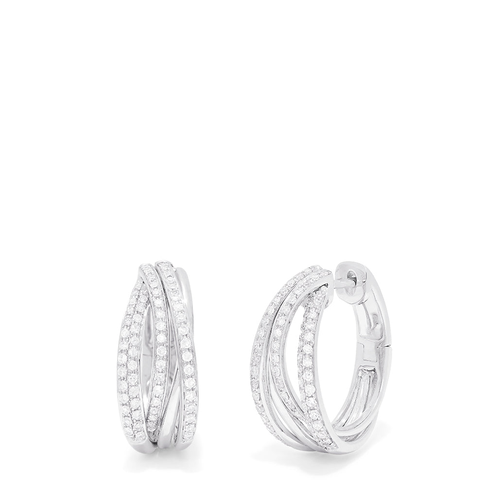 A pair of Pave Classica 14K White Gold Diamond Hoop Earrings, 0.52 TCW, featuring three interwoven bands encrusted with sparkling diamonds, displayed on a plain white background.