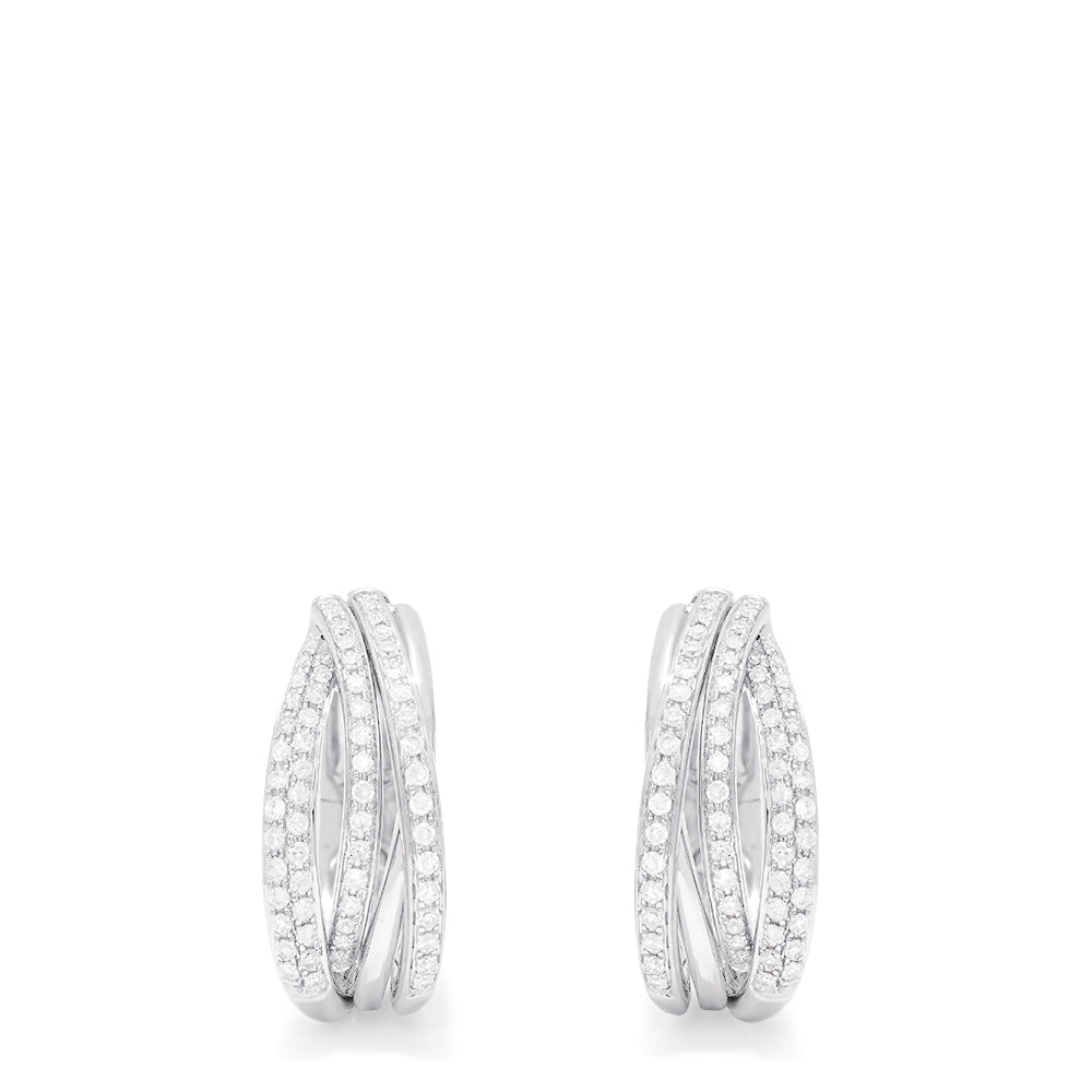 A pair of Pave Classica 14K White Gold Diamond Hoop Earrings, 0.52 TCW, featuring three interwoven bands encrusted with sparkling diamonds, displayed on a plain white background.