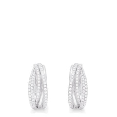 A pair of Pave Classica 14K White Gold Diamond Hoop Earrings, 0.52 TCW, featuring three interwoven bands encrusted with sparkling diamonds, displayed on a plain white background.